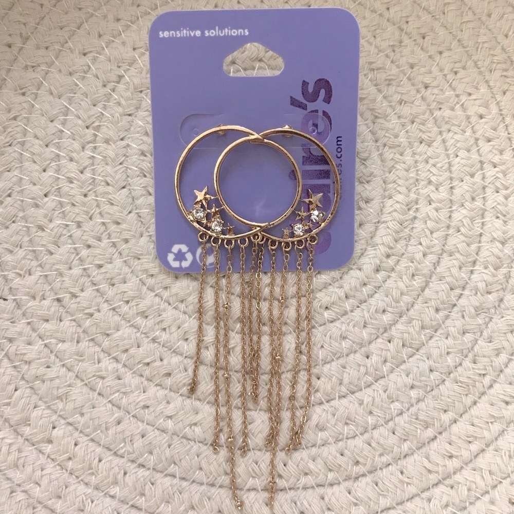 2/$15 Claire's Celestial Moon Star Crystal Chain Fringe Earrings